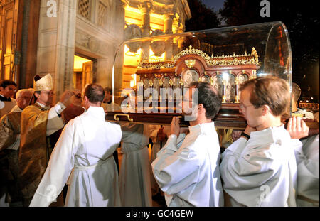 The relics of St Therese of Lisieux are blessed at the front entrance of Westminster Cathedral, where they will go on display during a three-day visit to the church starting this evening. Stock Photo