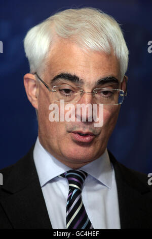 Chancellor of the Exchequer Alistair Darling talks to the press during a visit to PSN, Dyce, Aberdeen. Stock Photo