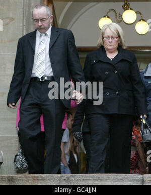 Lorraine McGovern's parents Kevin and Theresa leaving Omagh District Court on the opening day of the inquest of the deaths of Arthur McElhill, Lorraine McGovern and their five children who died in a blaze in Omagh, Co Tyrone, in November 2007. Stock Photo
