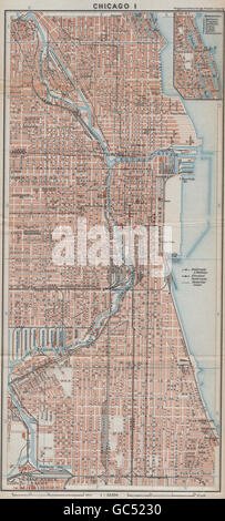 DOWNTOWN CHICAGO city plan. Near North/South Side Loop Greektown, 1909 old map Stock Photo