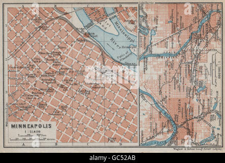 MINNEAPOLIS ST. PAUL antique town city plan. Minnesota. BAEDEKER, 1909 old map Stock Photo