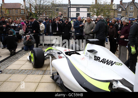 Fans celebrate Brawn GP's success in the FIA Formula 1 World Championship this season, during a parade in Brackley, Northamptonshire. Stock Photo