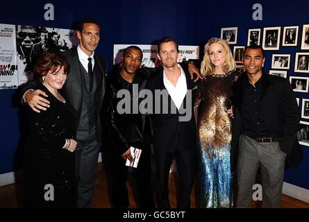 (left to right) Brenda Blethyn, Rio Ferdinand, Ashley Walters, Alex De Rakoff, Monet Mazur and Ashley Cole arriving for the world premiere of Dead Man Running at the Odeon West End, Leicester Square, London Stock Photo