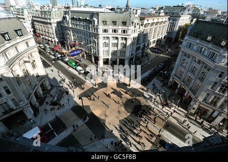 A general view of the new diagonal pedestrian crossing at Oxford Circus in London's West End, seen from the top of an adjacent building.