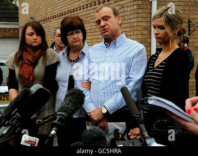 The family of British teacher, Lindsay Hawker who was murdered in Japan, (left to right) sister Louise, mother Julia, father Bill and sister Lisa, speak to the media outside their home in Brandon, Coventry, following the arrest of her suspected killer. Stock Photo