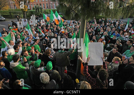 Republic of Ireland fans protest outside the French Embassy, in Dublin, over the controversial World Cup Qualifying match between the two countries on Wednesday night. Stock Photo