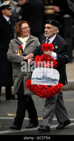 A veteran takes part in the parade of veterans during the annual Remembrance Sunday service, at the Cenotaph, on Whitehall, in Westminster, London. Stock Photo