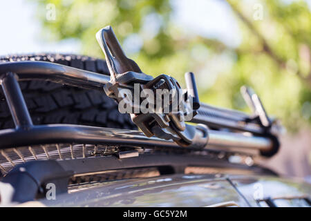 Custom built off road truck with steel roof rack and bumpers. Stock Photo