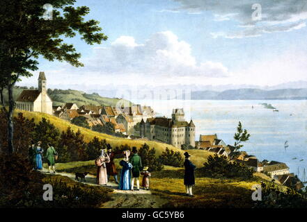 geography / travel,Germany,Meersburg on the lake Constance,view with old castle,coloured lithograph by Johann Andreas Pecht(1773 - 1852),Constance,Prince House of Meersburg,19th century,historic,historical,lithograph was a present from Annette Droste-Huelshoff to Wilhelm Grimm,old castle,purchased by Joseph von Lassberg 1838,residence of Annette von Droste Huelshoff 1843/1844 and 1846 - 1848,fine arts,Biedermeier,romanticism,landscape,landscapes,lakes,Swabia,family,church,viewpoint,Baden-Wuerttemberg,Baden Wuerttemberg,Wuertemberg,Ba,Additional-Rights-Clearences-Not Available Stock Photo