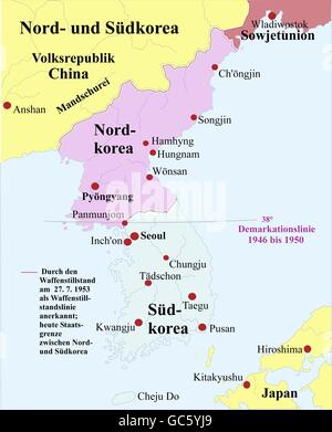 carthography, historical maps, modern times, Korea, division 1953, North, South, demarcation line 1946 - 1950, 38th parallel north, latitude, armistice, cease-fire, ceasefire, Seoul, Pyongyang, Panmunjom, East Asia, border, map, Cold War, historic, 1950s, 20th century, Additional-Rights-Clearences-Not Available Stock Photo