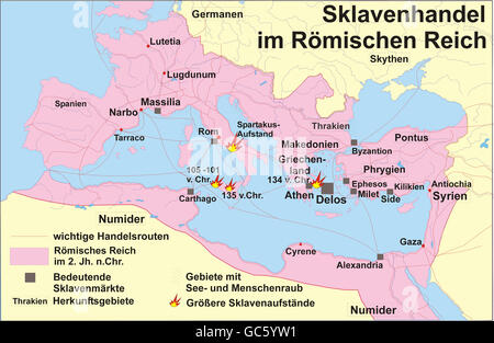 cartography, historical maps, Ancient World, Roman Empire, slave trade, slavery, uprising, Sicily 135 BC, 105 - 135 BC, Spartacus 73 - 71 BC, routes, markets, Rome, Delos, Massilia, Alexandria, Carthago, Byzantion, Milet, Ephesos, Numidia, Numidian, Thracian, Teutons, Scythians, Syrians, 2nd century AD, Mediterranean, Black Sea, roads, map, historic, historical, ancient world, Additional-Rights-Clearences-Not Available Stock Photo