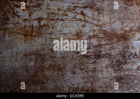 Wallpaper of scratch and rusty metal, painted on gray. Stock Photo