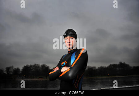 Triathlon world champion Great Britain's Alistair Brownlee poses for media during the photocall at Serpentine Lake, London. Stock Photo