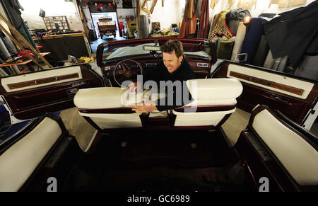 Max Tait from Northumbrian Leather in Heaton, Newcastle, with a Cadillac, which may once have belonged to Elvis Presley, that he is helping to restore. Stock Photo