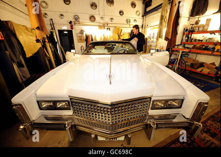 Max Tait from Northumbrian Leather in Heaton, Newcastle, with a Cadillac, which may once have belonged to Elvis Presley, that he is helping to restore. Stock Photo