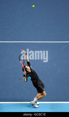 Great Britain's Andy Murray in action against Argentina's Juan Martin Del Potro during the Barclays ATP World Tennis Tour Finals at the o2 Arena, London. Stock Photo