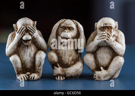 close up of hand small statues with the concept of see no evil, hear no evil and speak no evil. Stock Photo