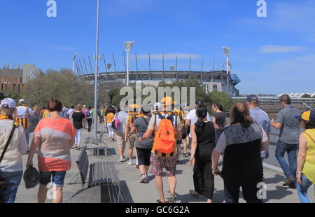 People visit MCG for AFL ground final game in Melbourne Australia. Stock Photo