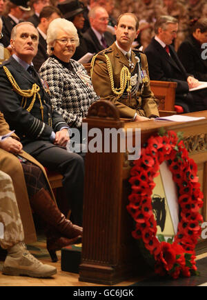 Earl of Wessex (right), Royal Colonel of 2nd Battalion, The Rifles (representing the Queen) with Dame Mary Peters and Sir Jock Stirrup (left) attend the memorial and thanksgiving service at St Anne's Cathedral in Belfast to remember troops from the Northern Ireland-based 19 Light Brigade killed in the war in Afghanistan. Stock Photo