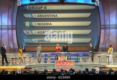 Group B, containing Argentina, Nigeria, Korea Republic and Greece is shown on the large TV Screen during the 2010 FIFA World Cup Draw at the Cape Town International Convention Centre, Cape Town, South Africa. Stock Photo