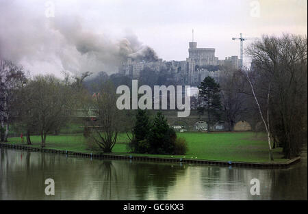 A general view of smoke in Windsor Castle, after fire broke out in The Queen's Private Chapel. Stock Photo