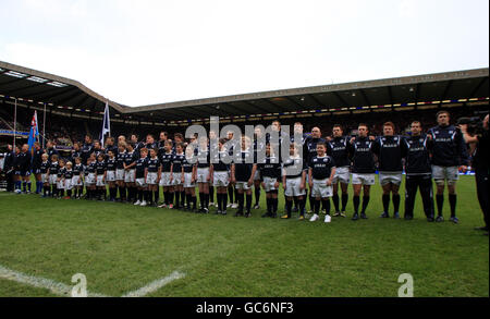 The Scotland team line up for the National Anthems with the mascots Stock Photo