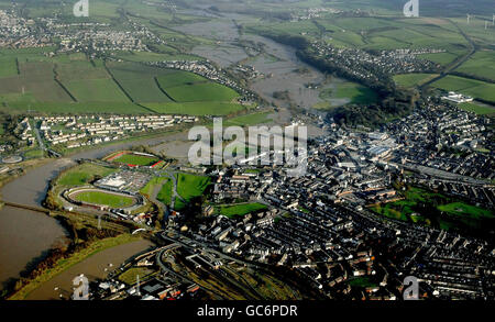 An aerial view of flood damaged area in Workington as floods submerge large parts of Cumbria. Stock Photo