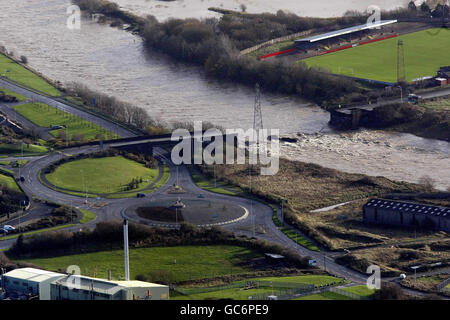 An aerial view of the destroyed Northside bridge, in Workington as floods submerge large parts of Cumbria. Stock Photo