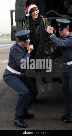 Frankie Sandford of girl group The Saturdays arrives at RAF Northolt, west London to launch this year's uk4u Thanks! gift box campaign. Stock Photo