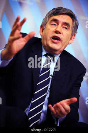 Prime Minister Gordon Brown answers questions after delivering a speech on Smarter Government during which he announced cuts in government spending and a greater moves to making information available via the world wide web. Stock Photo