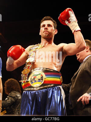 Boxing - British Middleweight Title - Darren Barker v Danny Butler - Brentwood Leisure Centre. Darren Barker celebrates winning the British Middleweight title bout at the Brentwood Leisure Centre, Essex. Stock Photo