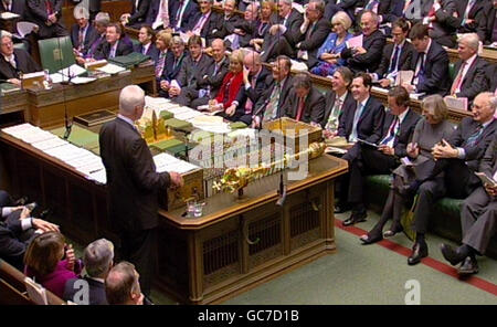 Chancellor of the Exchequer Alistair Darling delivers his pre-budget report in the House of Commons, London. Stock Photo