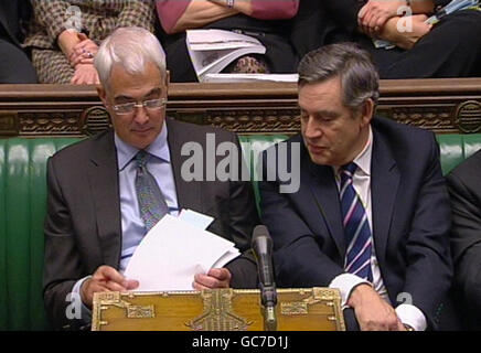 Chancellor of the Exchequer Alistair Darling and Prime Minister Gordon Brown are seen after Mr Darling delivered his pre-budget report in the House of Commons, London. Stock Photo