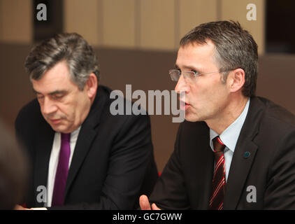Britain's Prime Minister Gordon Brown (left), Jens Stoltenberg, Norway's Prime Minister, at an event to discuss deforestation during the COP15 United Nations Climate Change Conference at the Bella Centre in Copenhagen, Denmark. Stock Photo