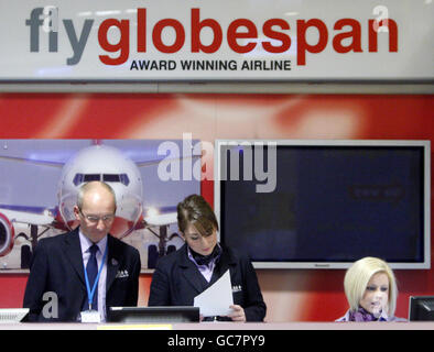 The scene at the Flyglobespan desk at Glasgow Airport following the announcement that the company has gone into administration. Stock Photo