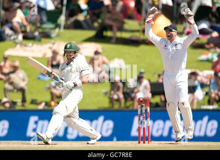 England's Matt Prior celebrates as Graeme Swann dismisses South Africa's Mark Mark Boucher during the First Test at the SuperSport Park, Centurion, South Africa. Stock Photo