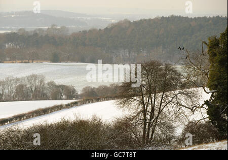 A general view of snow covering the Surrey Hills near Guildford, Surrey. Stock Photo