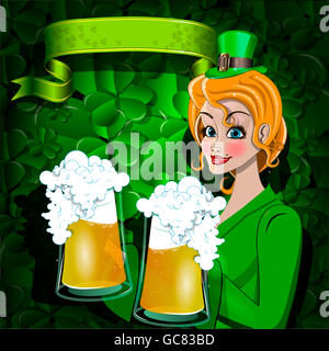 Illustration of a girl with two beer mugs Stock Photo
