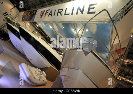 A general view of the Fairline stand on display at the London International Boat Show at London's ExCel centre. Stock Photo