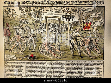 justice, penitentary system, breaking wheel, execution of a peasant by the executioner of Cologne, October 1589, Additional-Rights-Clearences-Not Available Stock Photo