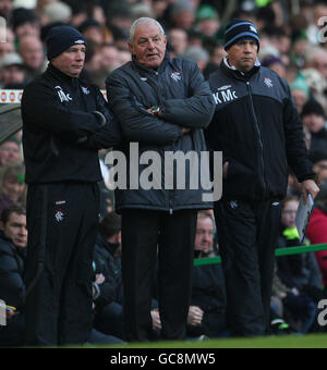 Soccer - Clydesdale Bank Scottish Premier League - Celtic v Rangers - Celtic Park. Rangers manager Walter Smith (centre) alongside coaches Kenny McDowall and Ally McCoist (left) Stock Photo