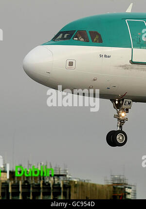 Air traffic control strikes in Ireland. An Aer Lingus plane lands at Dublin Airport as strike action caused severe disruptions. Stock Photo