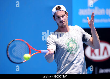 Great Britain's Andy Murray trains on an outside court prior to his match against France's Florent Serra at the Australian Open