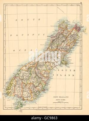 SOUTH ISLAND NEW ZEALAND. Showing counties.Telegraph cables. JOHNSTON, 1897 map Stock Photo