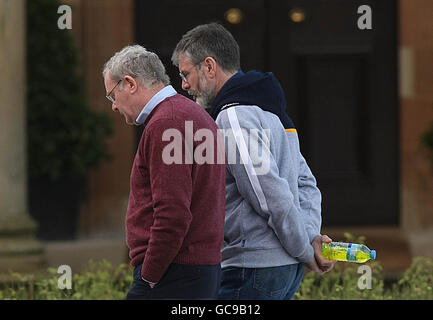 Sinn Fein President Gerry Adams (right)with Martin McGuinness during negotiations at Hillsborough Castle, Co. Down in Northern Ireland. Stock Photo
