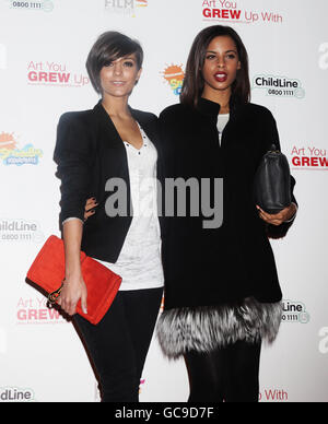 Frankie Sandford (left) and Rochelle Wiseman from The Saturdays arriving for the SpongeBob FancyPants Art You Grew Up With charity auction in aid of Childline, at County Hall in central London. Stock Photo