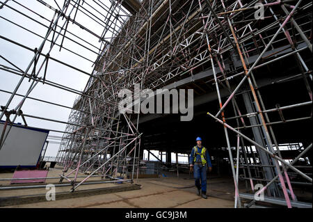 Construction continues on the Grand Pier at Weston-super-Mare in preperation for completion and the re-opening in Summer 2010 after it was destroyed by fire in July 2008. Pictured is where the main entrance will be. Stock Photo