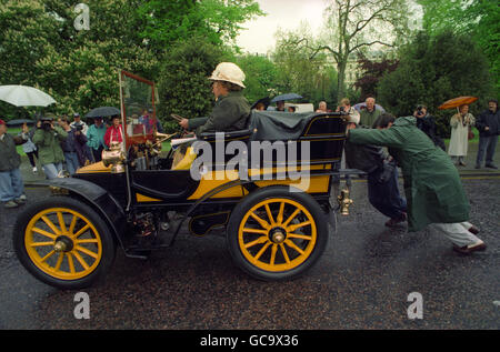 One of the vintage cars taking part in Eurotunnel inaguration rally leaving Hyde Park destined for folkestone to be on the first shuttle the channel tunnel. Every year of manufacture between 1894 and 1994 was represented although this particular car was reluctant to start. Stock Photo