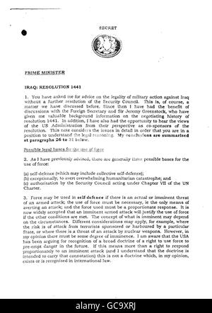 The front page of the document sent by the then Attorney General Lord Goldsmith to British Prime Minister Tony Blair, containing controversial advice over the legality of the war in Iraq, Lord Goldsmith has been giving evidence to the Chilcot Inquiry in London on the war in Iraq. Stock Photo