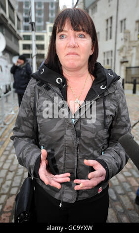 Karen Thornton, mother of Gunner Lee Thornton of 58 Battery, 12 Regiment Royal Artillery, who died on September 7, 2006 from injuries sustained in a shooting two days earlier at Al-Qurna, north of Basra, speaks with news teams at lunch outside the Queen Elizabeth II Conference Centre, Westminster, London where former British Prime Minister, Tony Blair, is giving evidence to the Chilcot Inquiry. Stock Photo